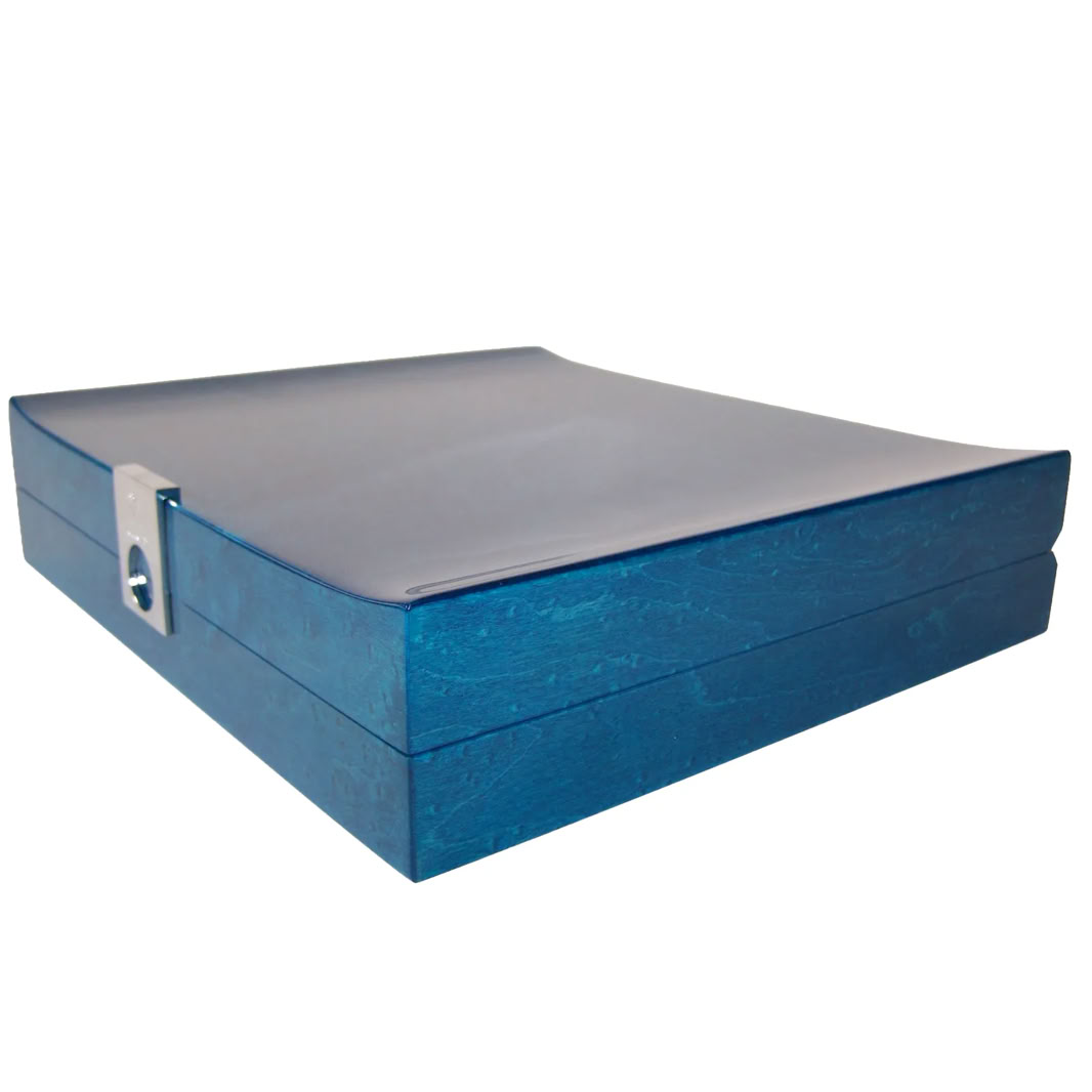 Initial prototype of luxury jewelry packaging box with blue lacquer finish developed for Mikimoto VIP presentation