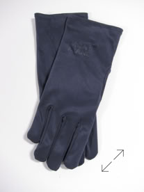 A pair of long, dark-colored jewelers gloves laid flat on a white surface manufactured by Swiss Packaging of New York and Switzerland