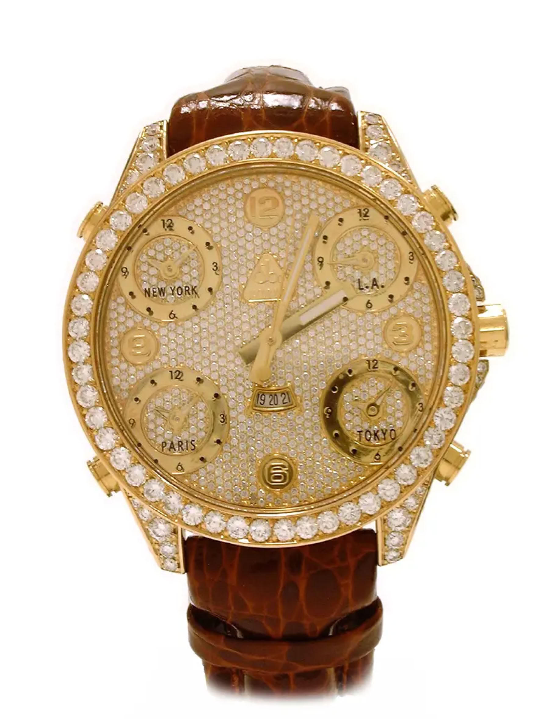 Jacob & Co. Five Time Zone watch featuring a gold case and pavé diamond dial. A signature early model reflecting the brand’s emphasis on visibility, multi-time functionality, and statement-driven design.