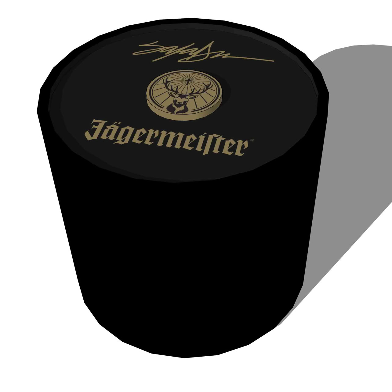 Rendered cylindrical collector packaging with hot-stamped logo and signature for Jägermeister Art Basel Miami Beach exhibition display system
