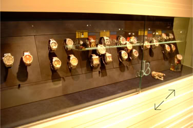 Jacob & Co conference room display case with multiple wristwatches arranged in rows design and manufacturing by Swiss Packaging of New York and Switzerland