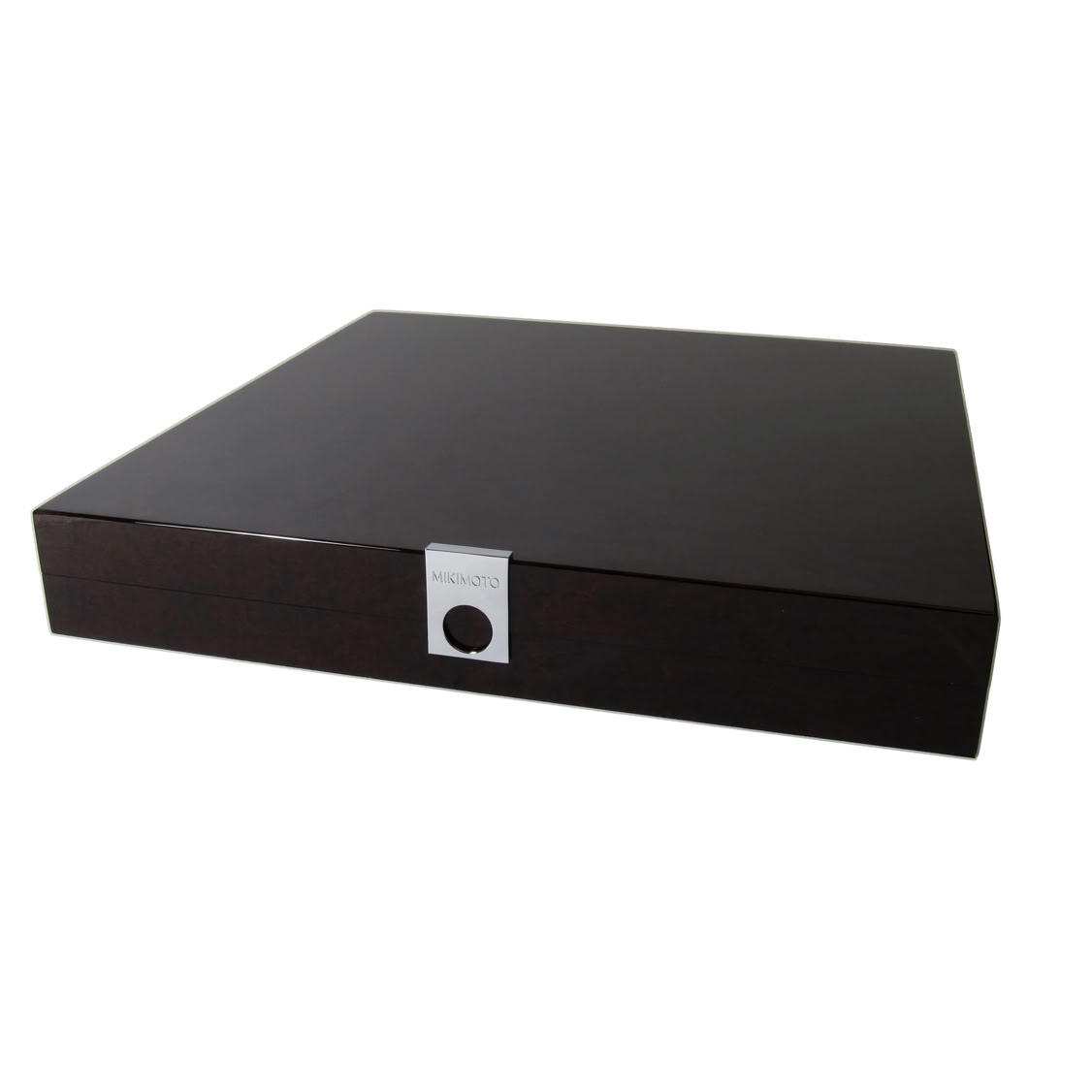 Final delivered luxury jewelry box for Mikimoto VIP client presentation with integrated stainless steel closure