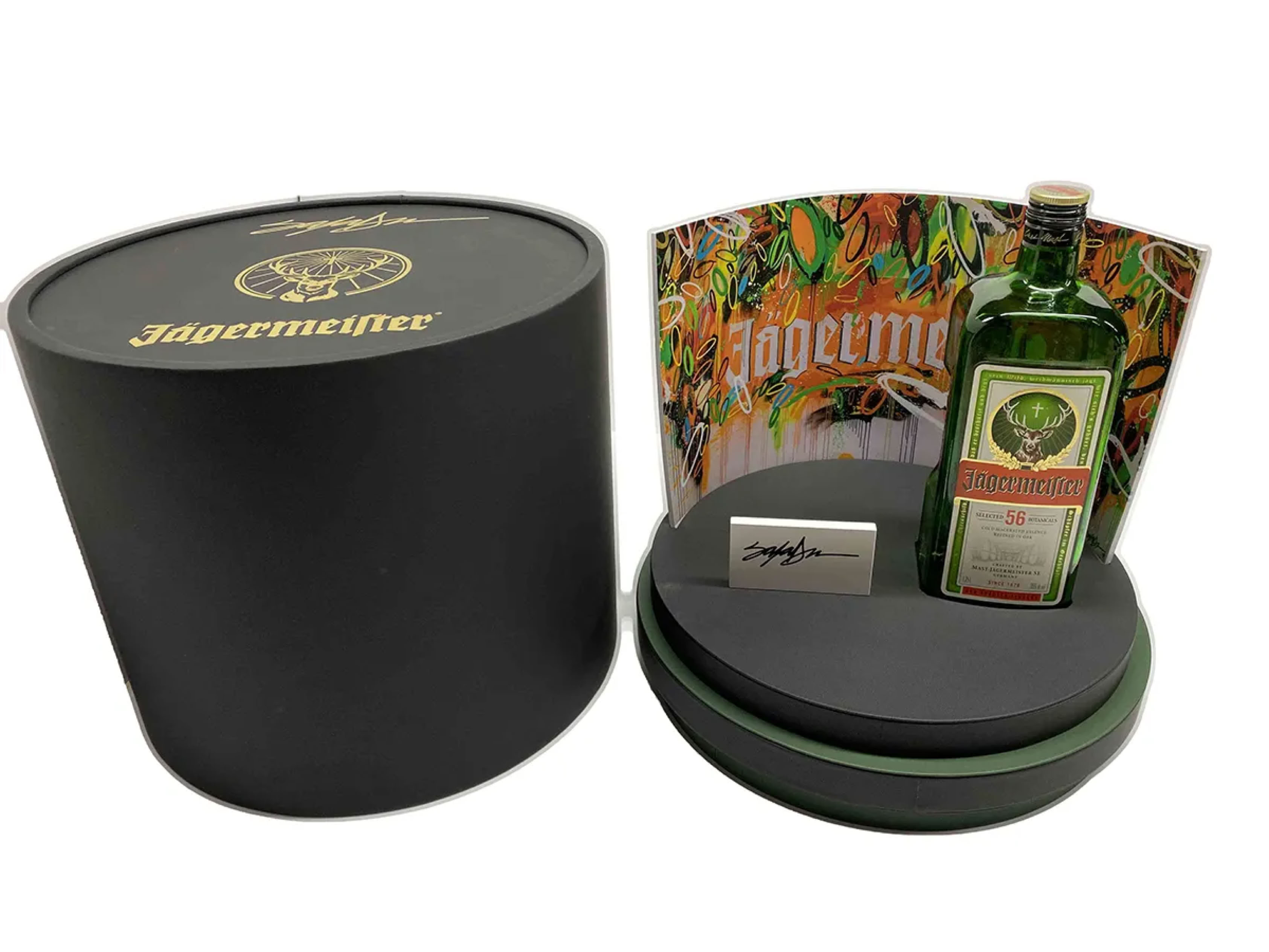 Technical drawing and rendered cylindrical collector packaging with hot-stamped branding for Jägermeister Art Basel Miami Beach exhibition system