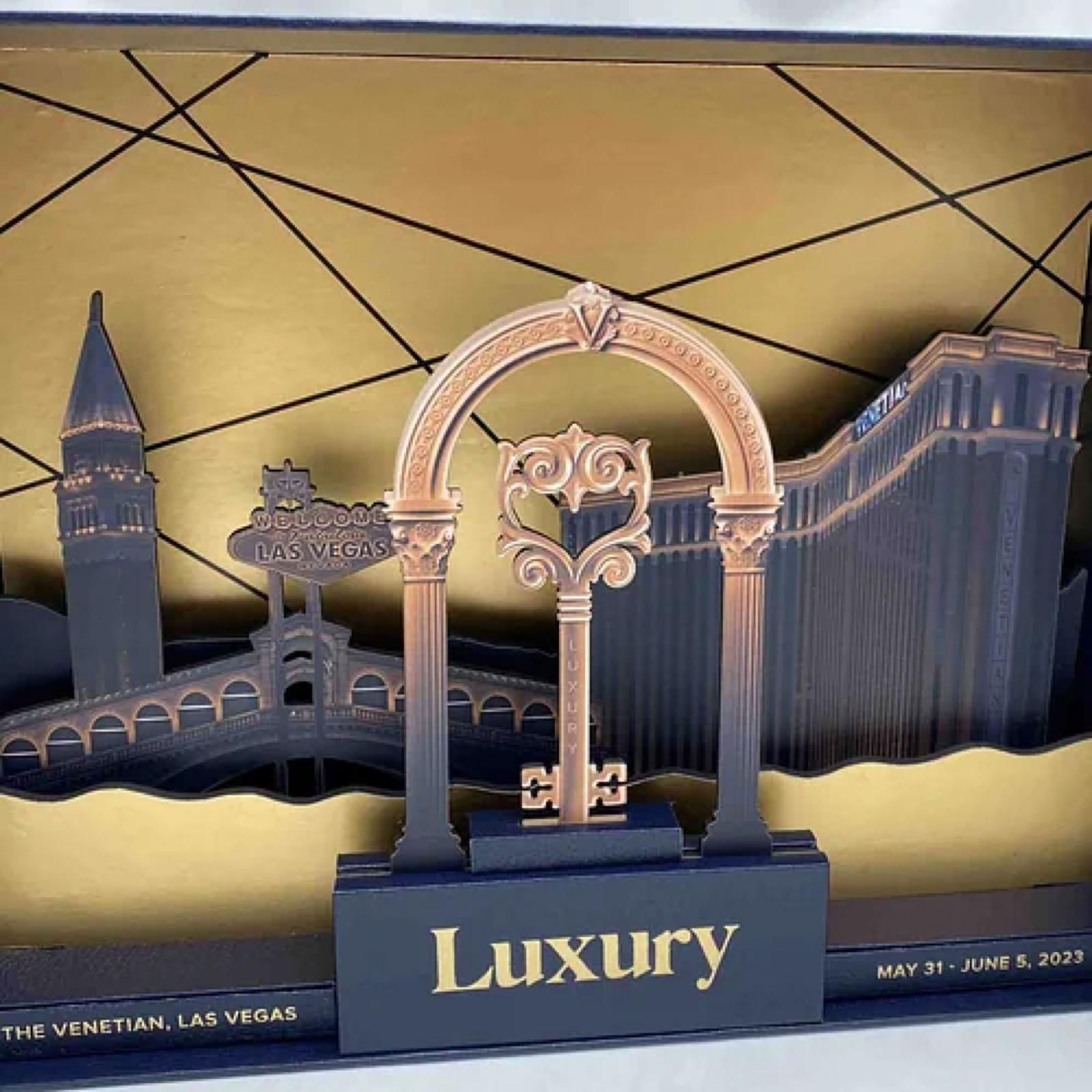 Dimensional paper sculpture invitation engineered by Swiss Packaging for the Las Vegas Luxury Show at The Venetian.
