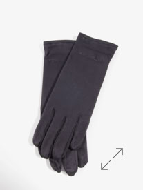 A pair of black jewelers gloves laid flat on a white background manufactured by Swiss Packaging of New York and Switzerland