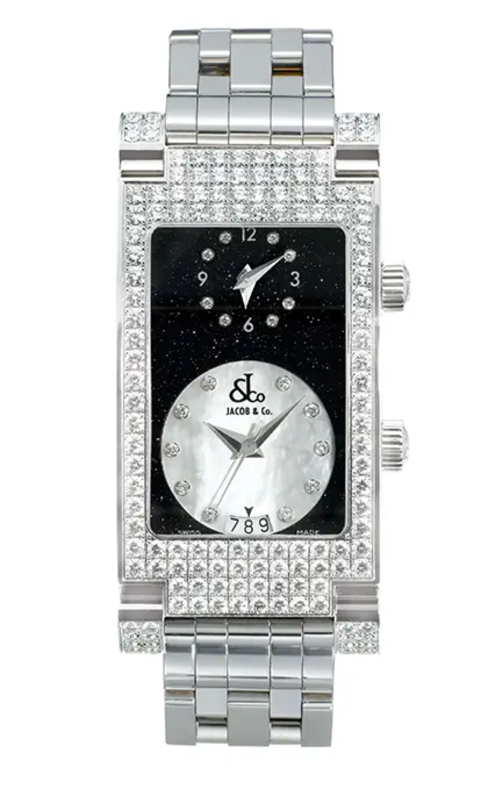 Jacob & Co. “The Angel” watch with diamond-set rectangular case and dual-display dial. A distinctive design language developed during the brand’s transition into high-luxury watchmaking.