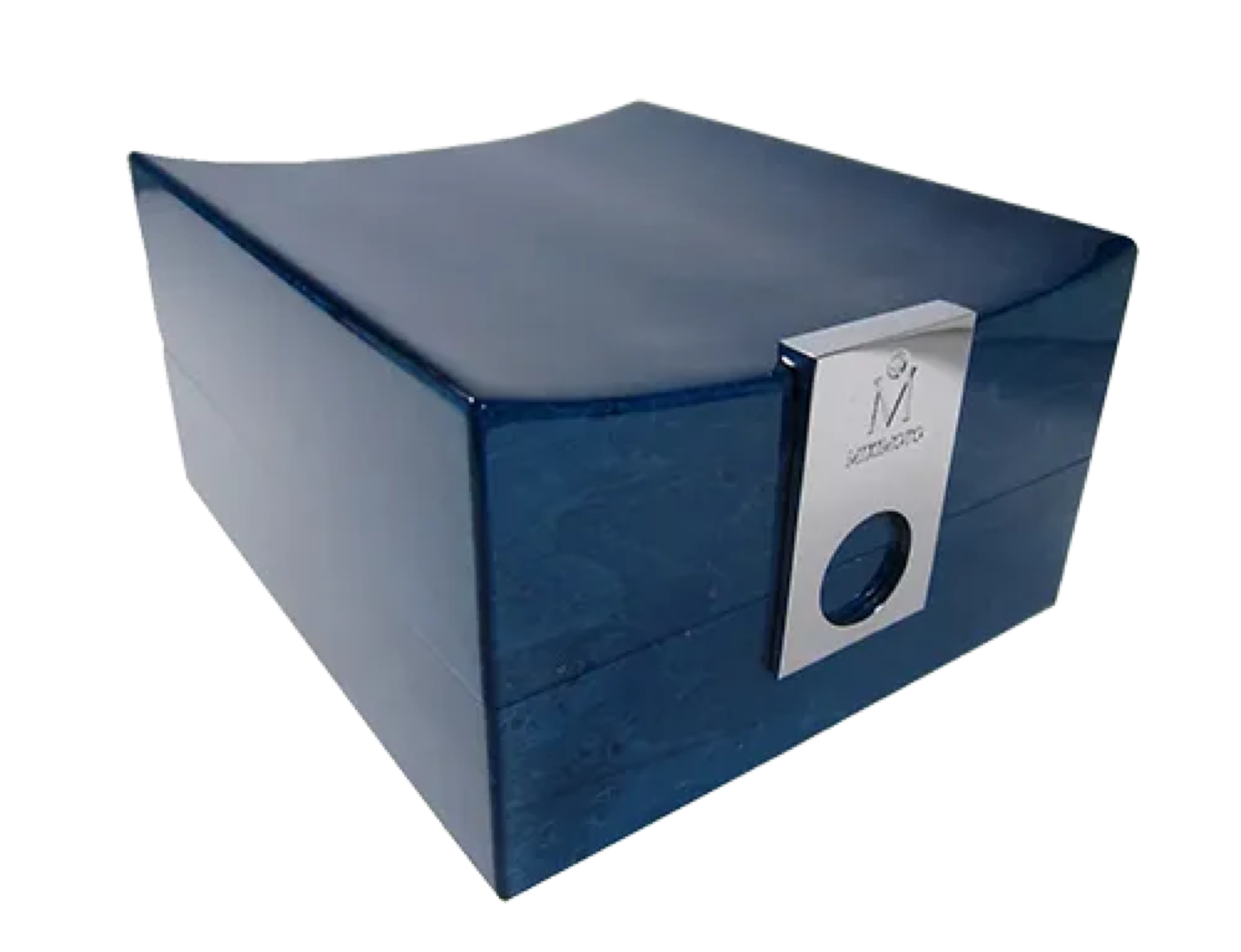 Luxury jewelry packaging box with blue lacquer finish created for Mikimoto VIP presentation and global brand positioning