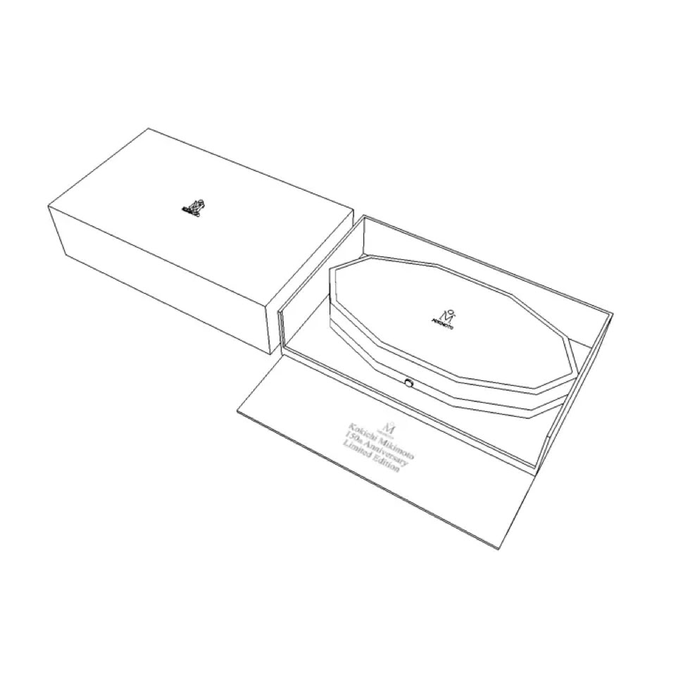 Technical drawing of precision 150th Anniversary Mikimoto Pearl necklace box designed for Mikimoto luxury jewelry packaging box