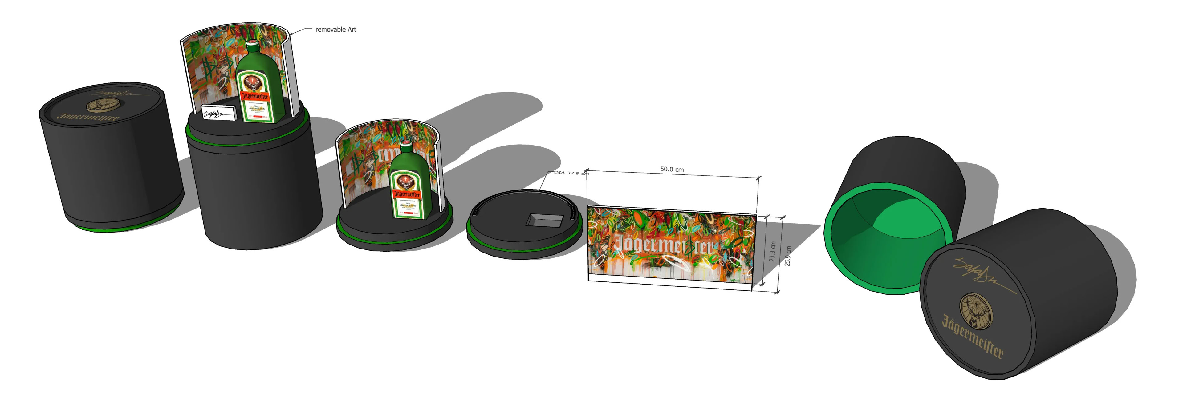 Exploded view of cylindrical collector packaging and exhibition display system components designed for Jägermeister Art Basel Miami Beach installation