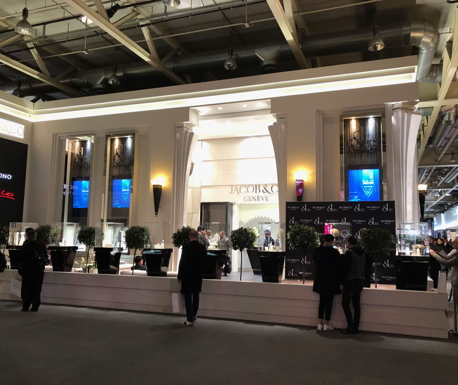 Architectural exhibition stand for Jacob & Co at Baselworld designed by Swiss Packaging to reflect 57th Street flagship identity