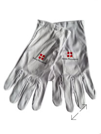 A pair of white Jewelrs gloves with the Swiss Packaging red and black logos on the back of each hand manufactured by Swiss Packaging of New York and Switzerland