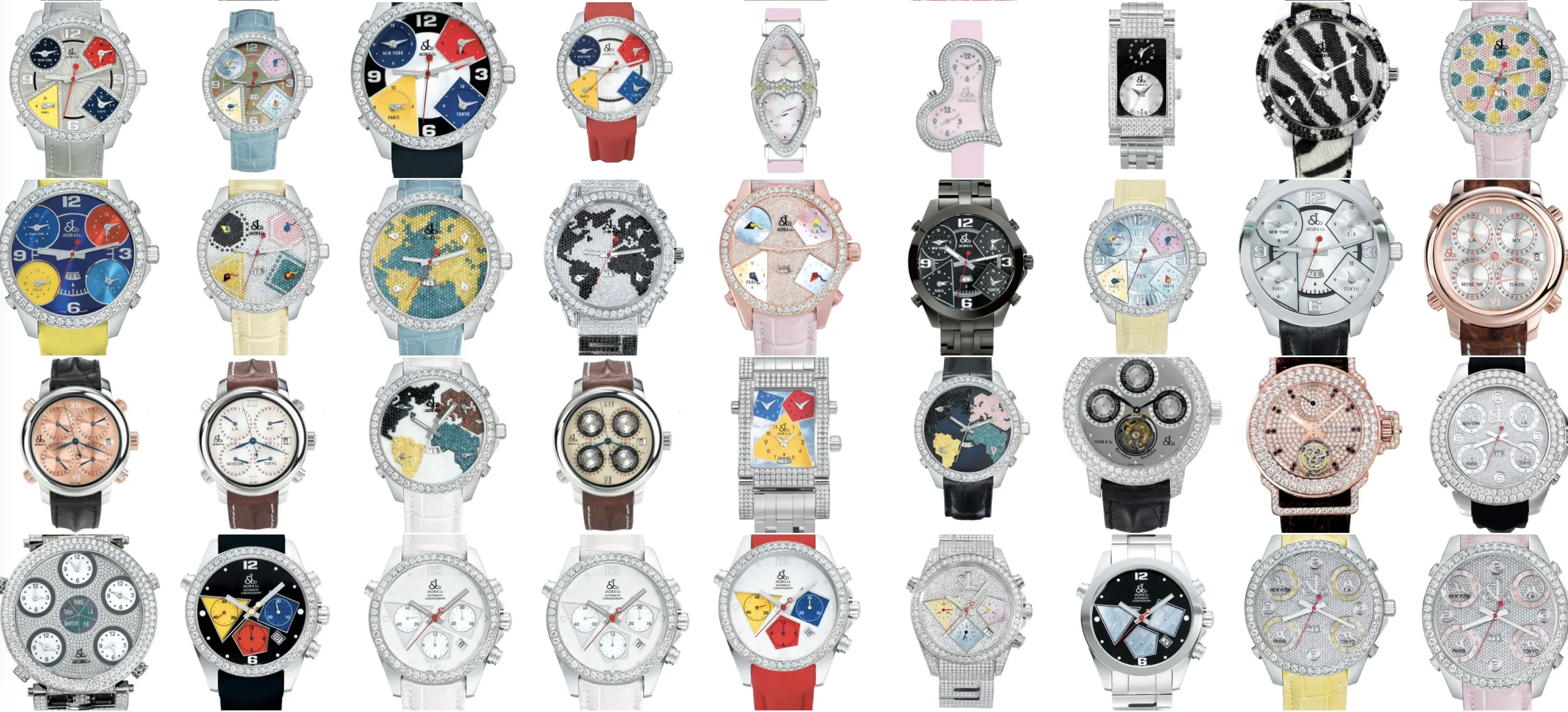 Selection of Jacob & Co. watches representing the brand’s early product range. The collection established a distinctive design language and product identity, supporting rapid market recognition and global expansion.