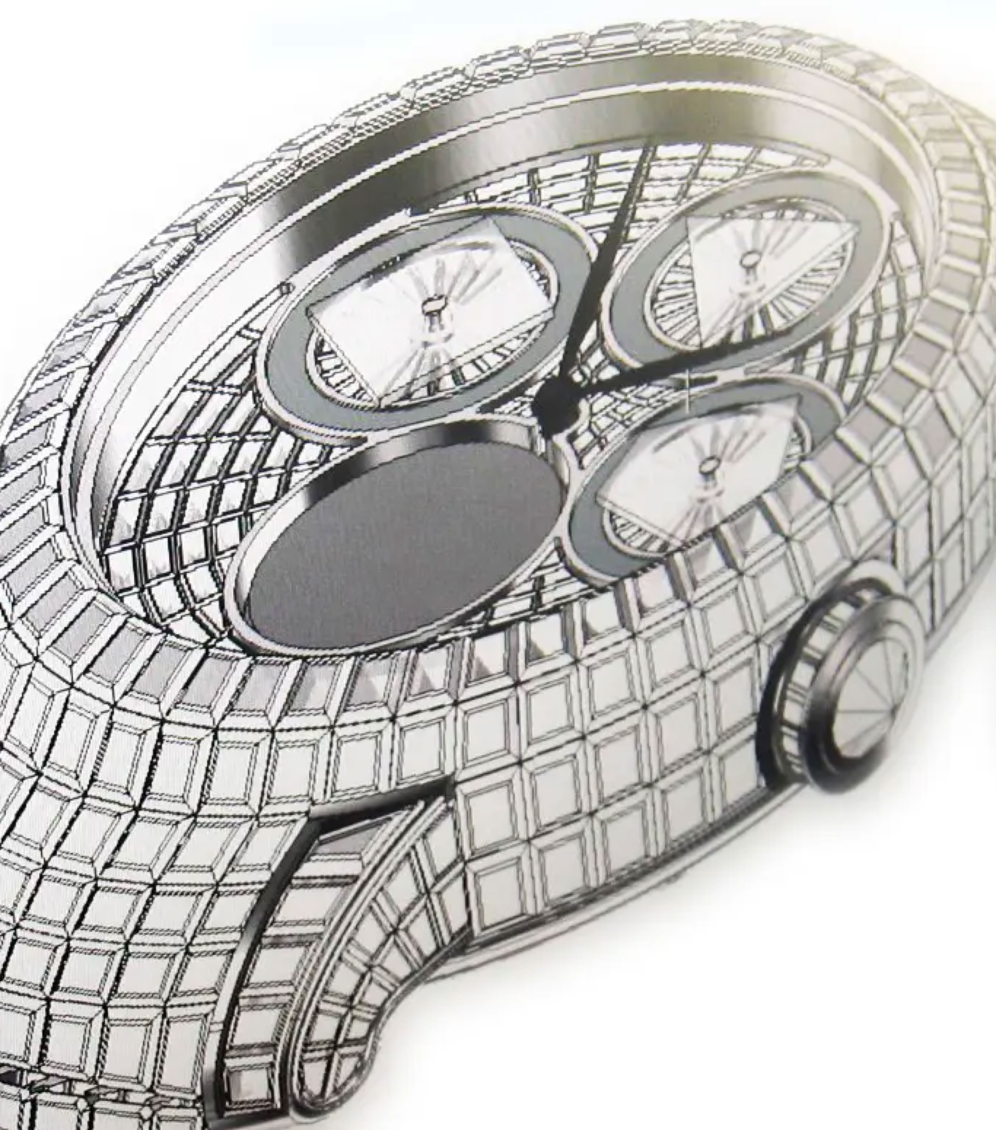 CAD study of diamond setting and case structure for a Jacob & Co. watch. Illustrates the technical planning behind high-density stone placement and surface geometry. 