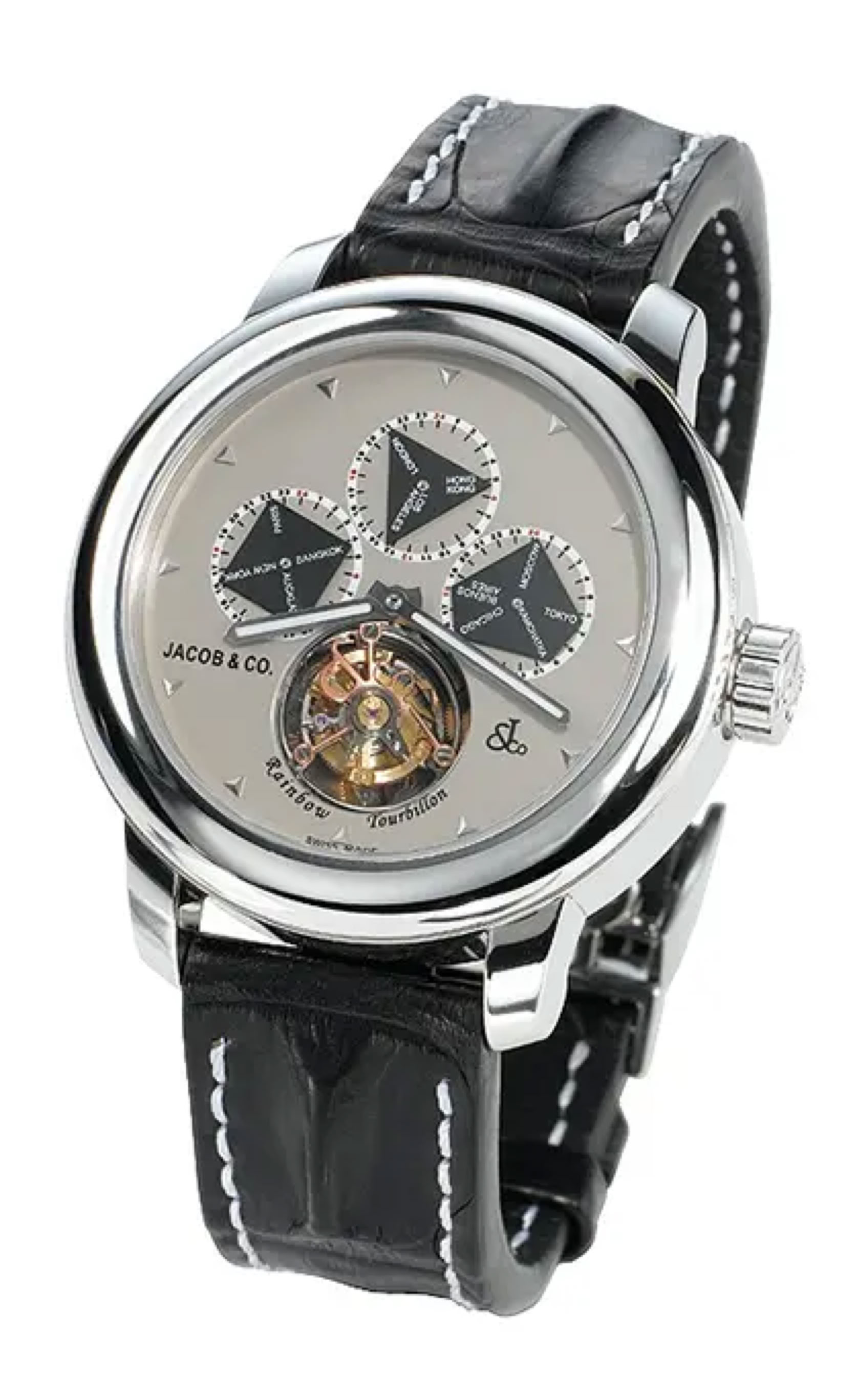Jacob & Co.’s early tourbillon watch in a restrained configuration. Represents the brand’s first step into mechanical watchmaking—establishing a foundation within Swiss horology.