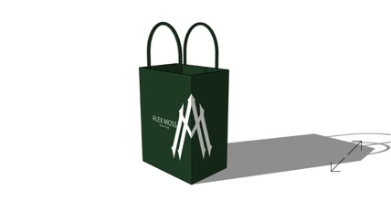 A dark green shopping bag desin with matched handles, featuring a white geometric logo and the word "Alex Moss" on the side, design by Swiss Packaging.